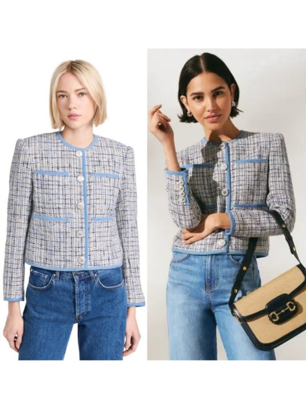 NEW Veronica Beard Darla Cropped Tweed Button-Front Jacket Light Blue Size 12